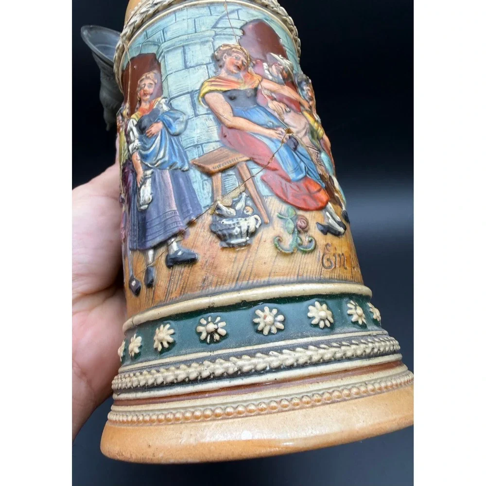 Antique German Beer Stein 0.5L Relief Scene Pewter Lid‎ Stoneware 531
